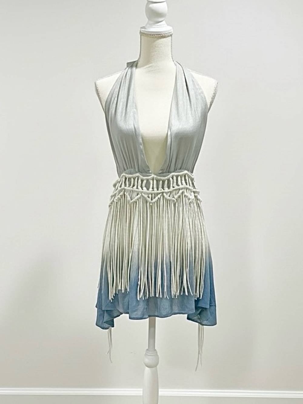 ASOS Macrame Fringe Halter Mini Dress Blue Ombre Gauze Boho Size 4 NWT